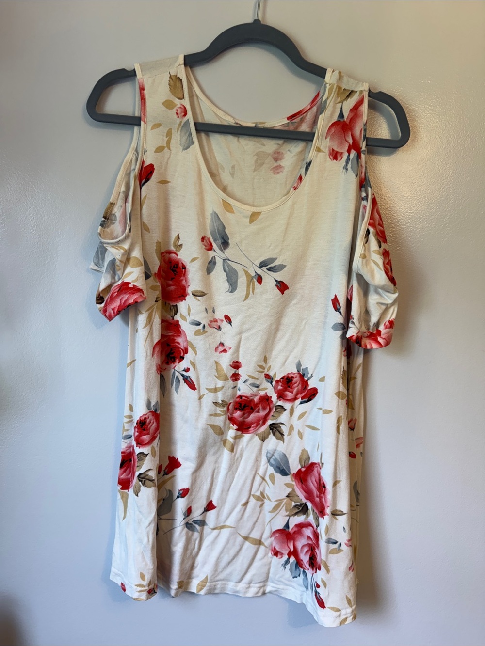 Cream Floral Cold-Shoulder Top with Red Roses - Picture 3 of 12